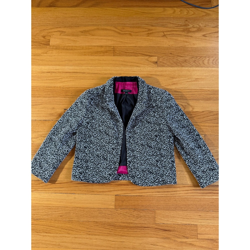 Ann Taylor Black White Boucle Textured Open Front Blazer Jacket Pink Lining 2